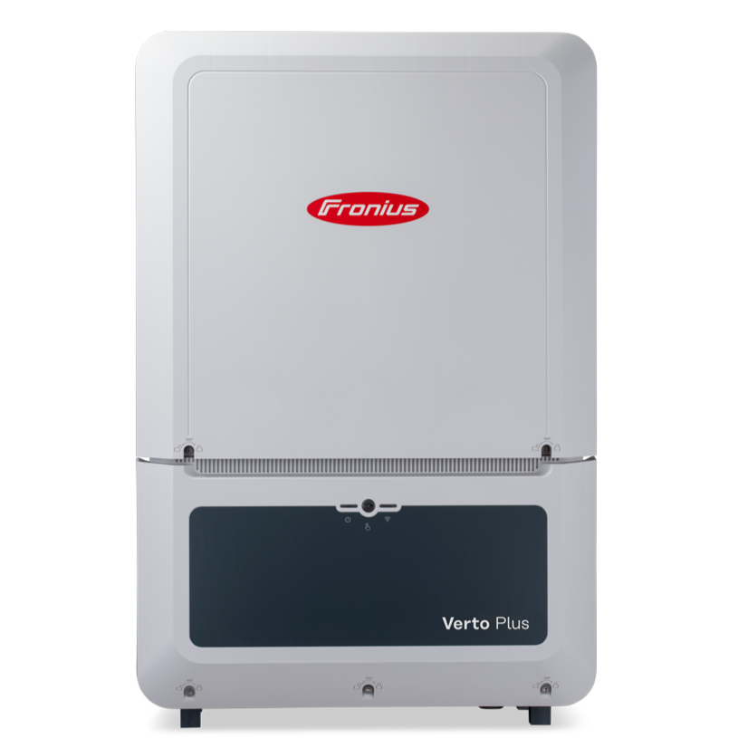 White electronic device with a red logo on a white background. Fronius Verto Plus hybrid inverter.