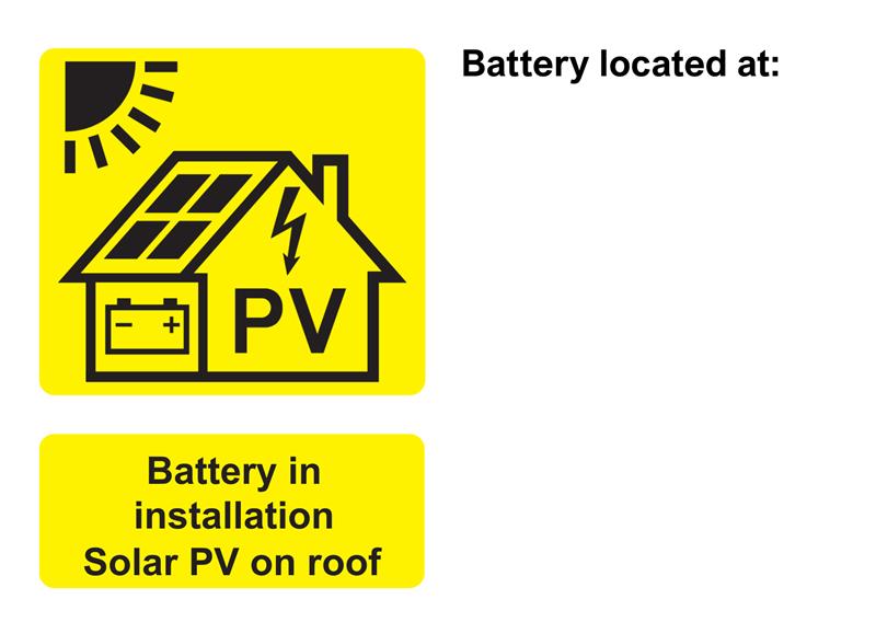 Battery in installation. Solar PV on roof. Battery location label
