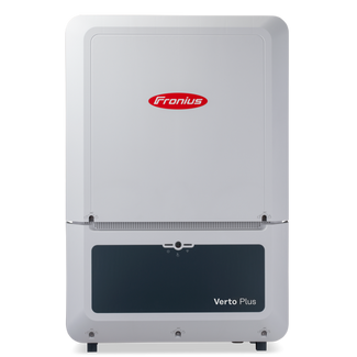 White electronic device with a red logo on a white background. Fronius Verto Plus hybrid inverter.