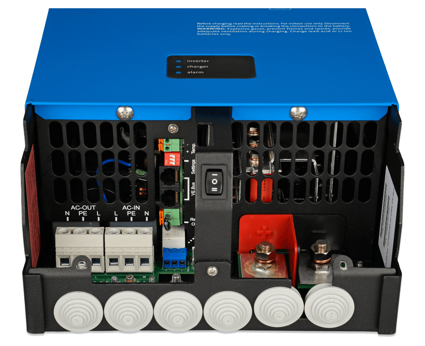 Connection area of a Victron MultiPlus 12V 2000VA Inverter Charger