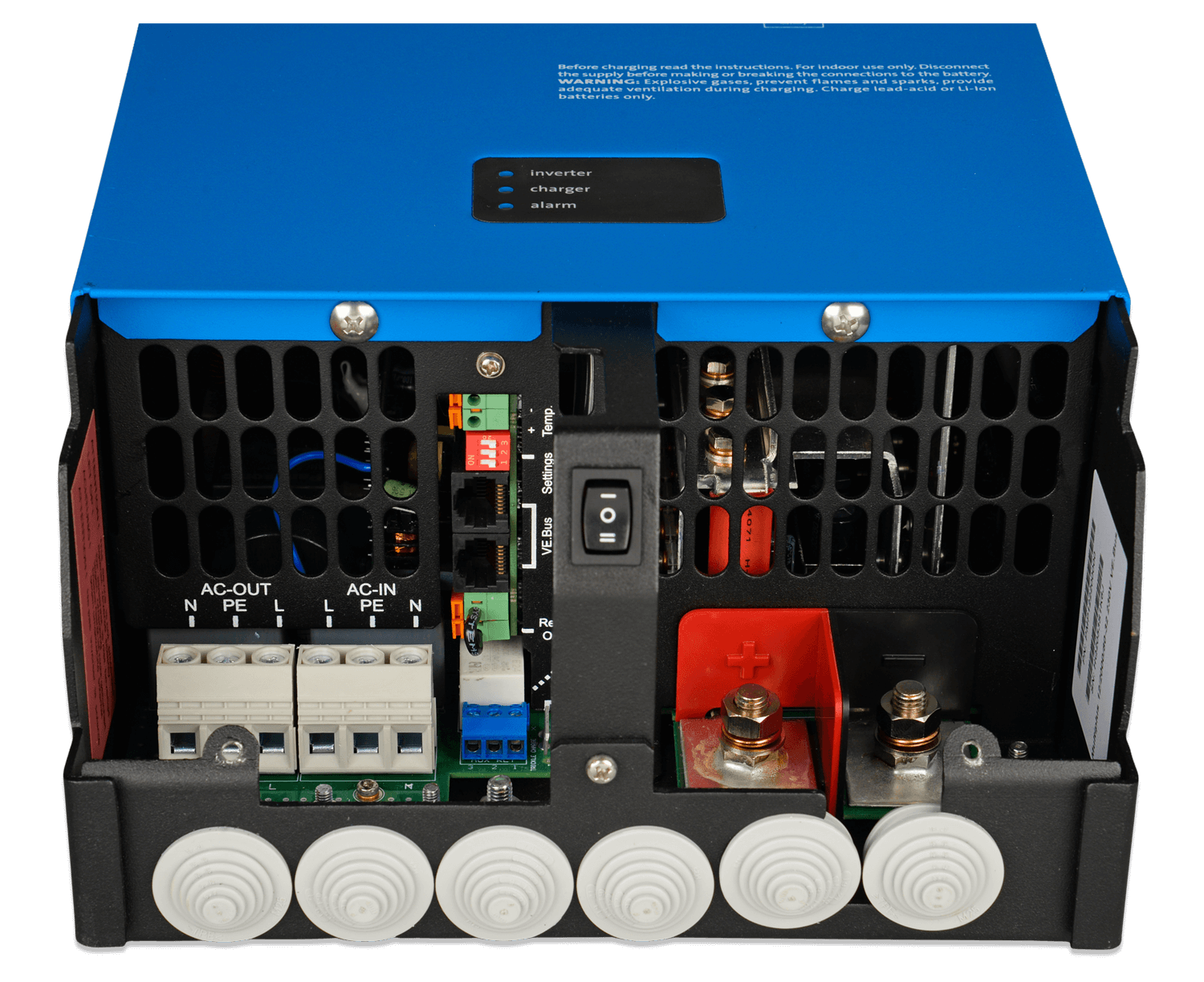 Connection area of a Victron MultiPlus 12V 2000VA Inverter Charger